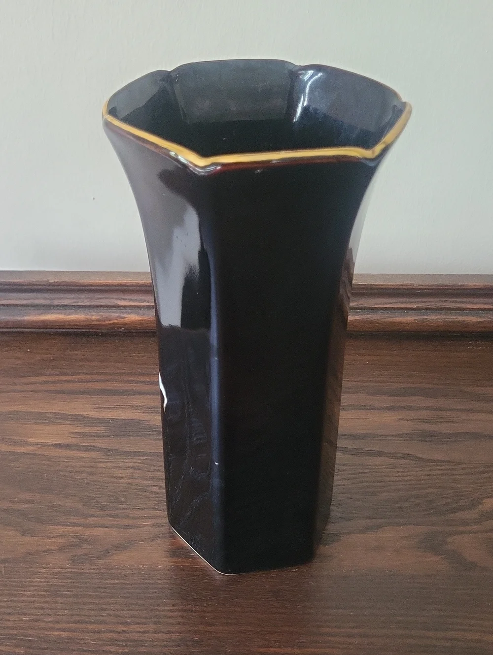 Vintage Japanese Black Floral Ceramic Vase with Gold Trim